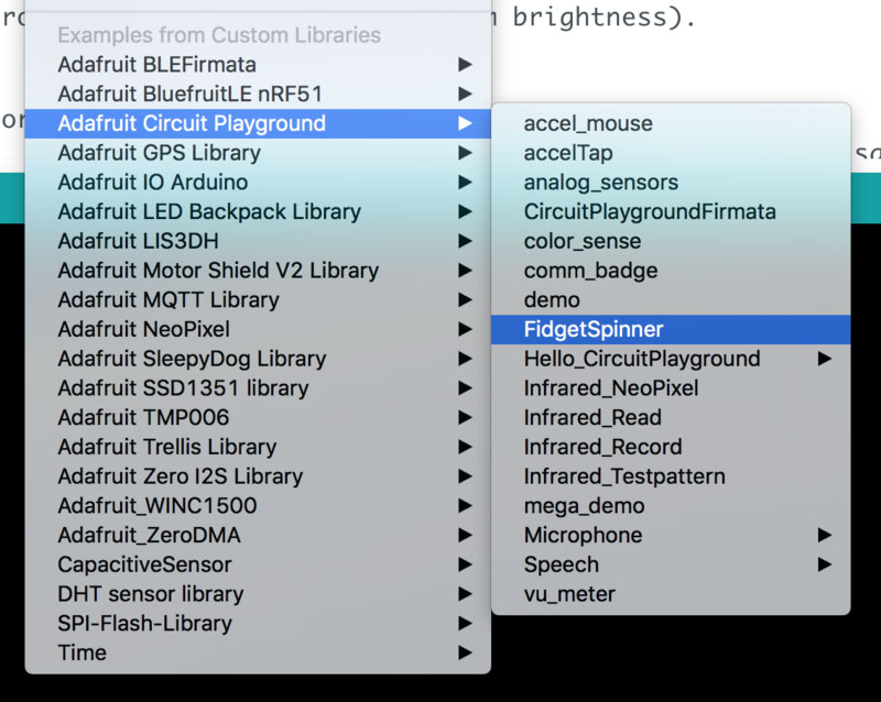 FidgetSpinner example in Adafruit Circuit Playground